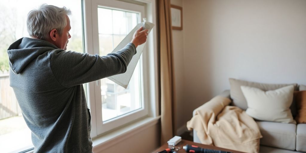 Homeowner sealing a window from the inside.