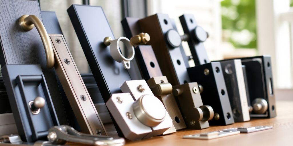 Variety of screen door hardware kits on display.