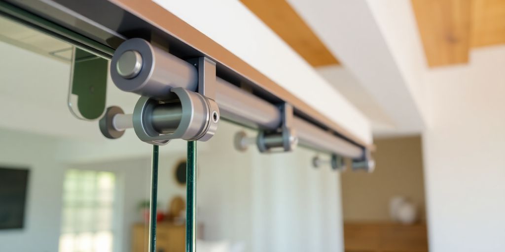Close-up of sliding glass door roller mechanism.