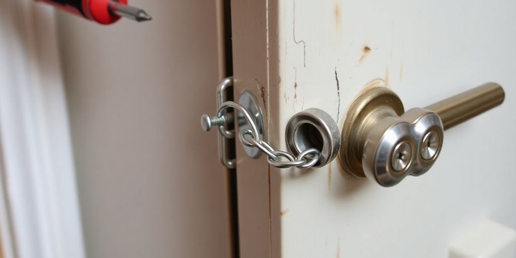 Close-up of door chain installation with tools.