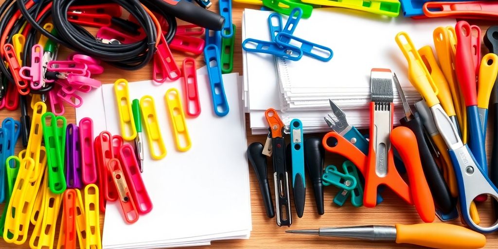 Colorful plastic clips organized in a tidy workspace.