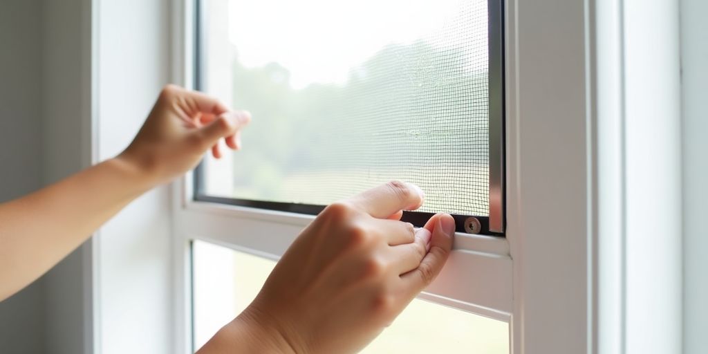 Hands removing a window screen from a frame.