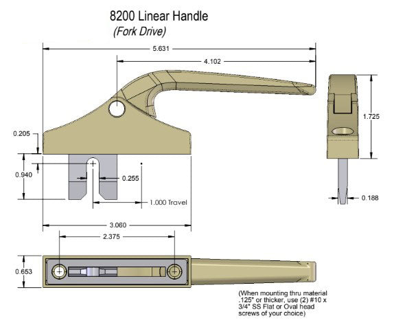 WRS Black 8200 Series Euro Groove Casement Fork Drive Handle  -  4" Handle Length