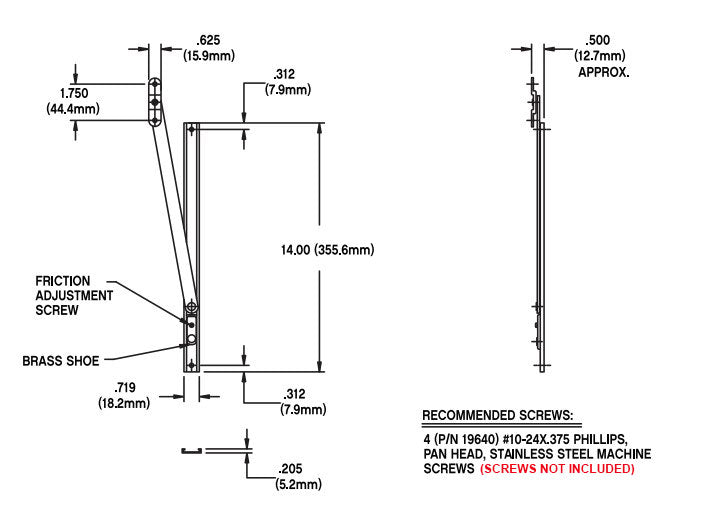 WRS Truth Hardware 14" Standard Duty Stainless Steel Friction Adjuster  -  .235" Bracket
