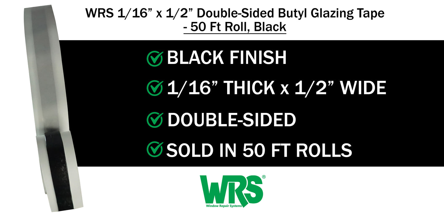 WRS 1/16" x 1/2" Double Sided Glazing Tape/Butyl Tape  -  50 Ft Roll, Black