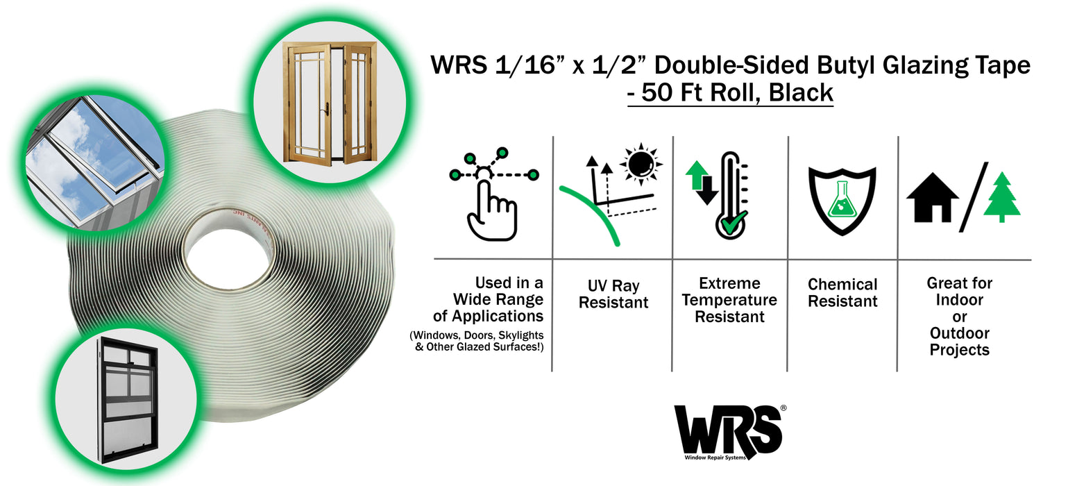 WRS 1/16" x 1/2" Double Sided Glazing Tape/Butyl Tape  -  50 Ft Roll, Black