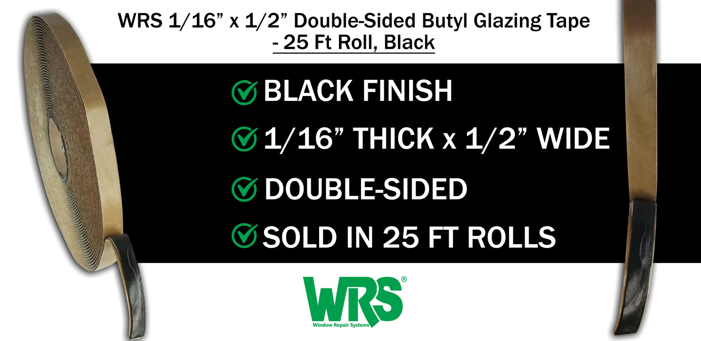 WRS 1/16" x 1/2" Double-Sided Butyl Glazing Tape  -  25 Ft Roll, Black