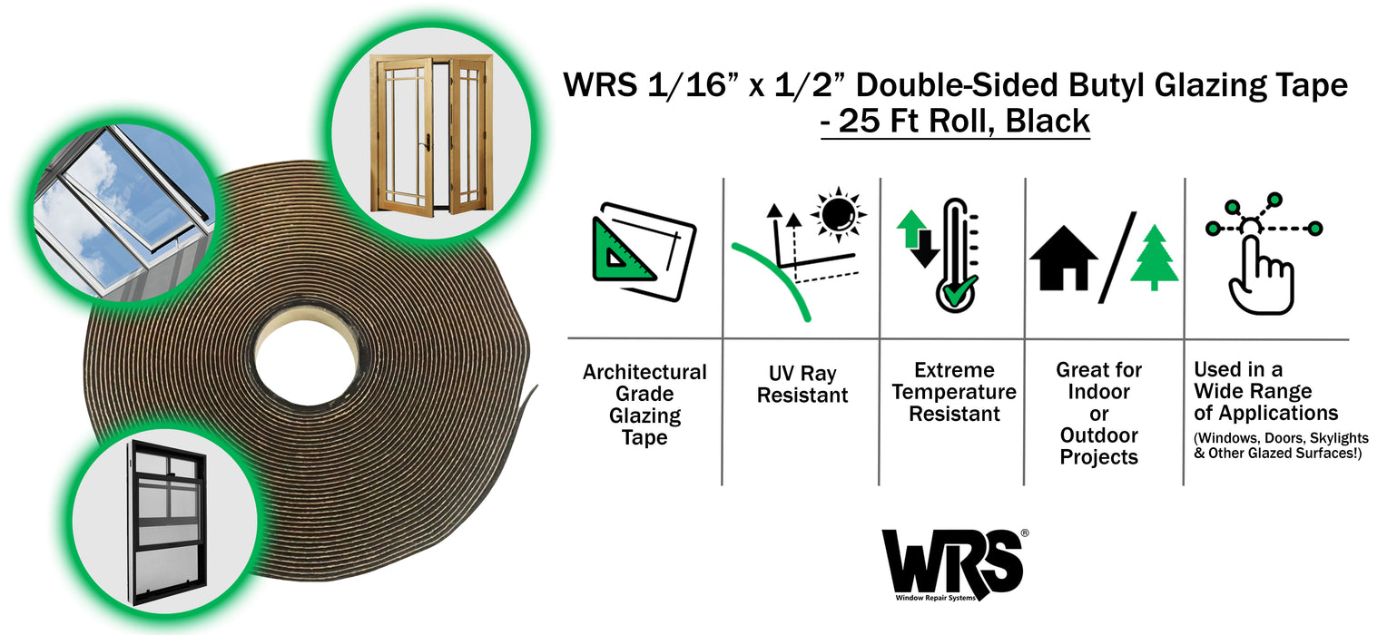 WRS 1/16" x 1/2" Double-Sided Butyl Glazing Tape  -  25 Ft Roll, Black