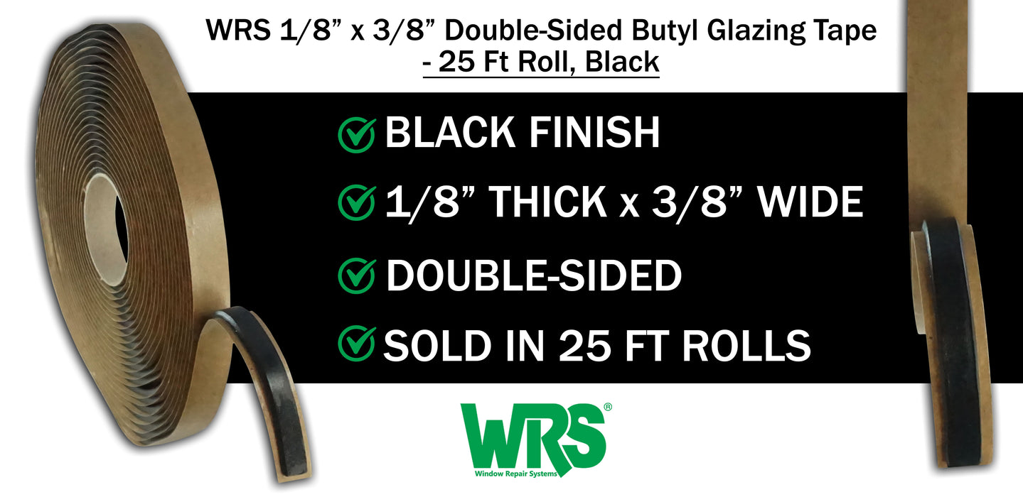 WRS 1/8" x 3/8" Double-Sided Butyl Glazing Tape  -  25 Ft Roll, Black