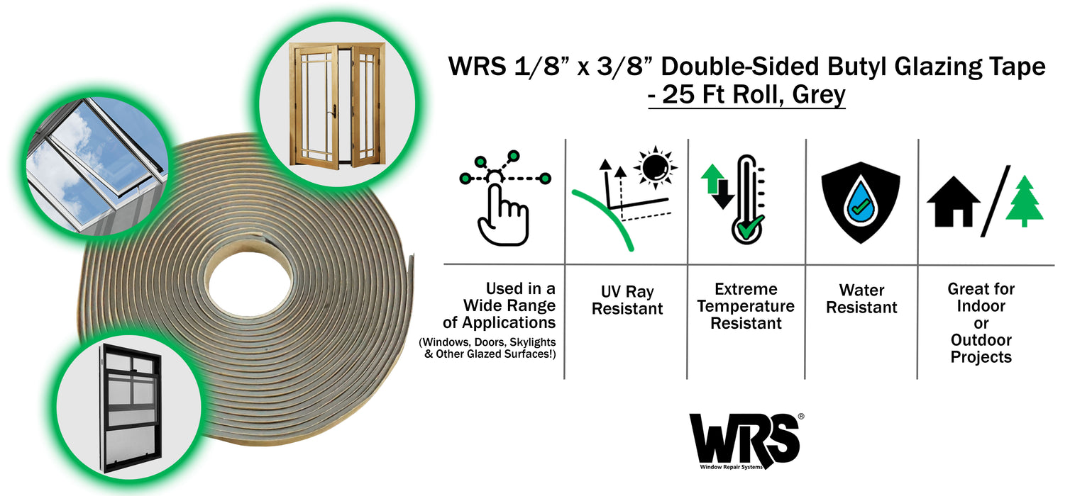 WRS 1/8" x 3/8" Double-Sided Butyl Glazing Tape - 25 Ft Roll, Grey
