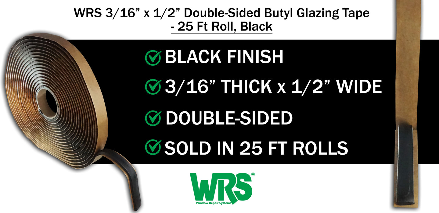 WRS 3/16" x 1/2" Double-Sided Butyl Glazing Tape  -  25 Ft Roll, Black
