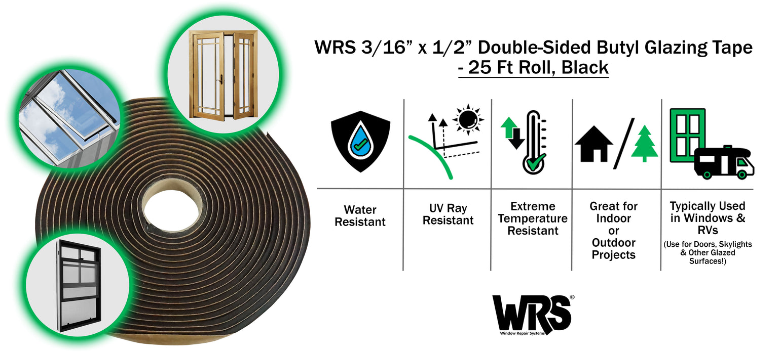 WRS 3/16" x 1/2" Double-Sided Butyl Glazing Tape  -  25 Ft Roll, Black