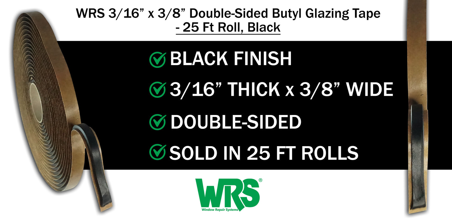 WRS 3/16" x 3/8" Double-Sided Butyl Glazing Tape  -  25 Ft Roll, Black