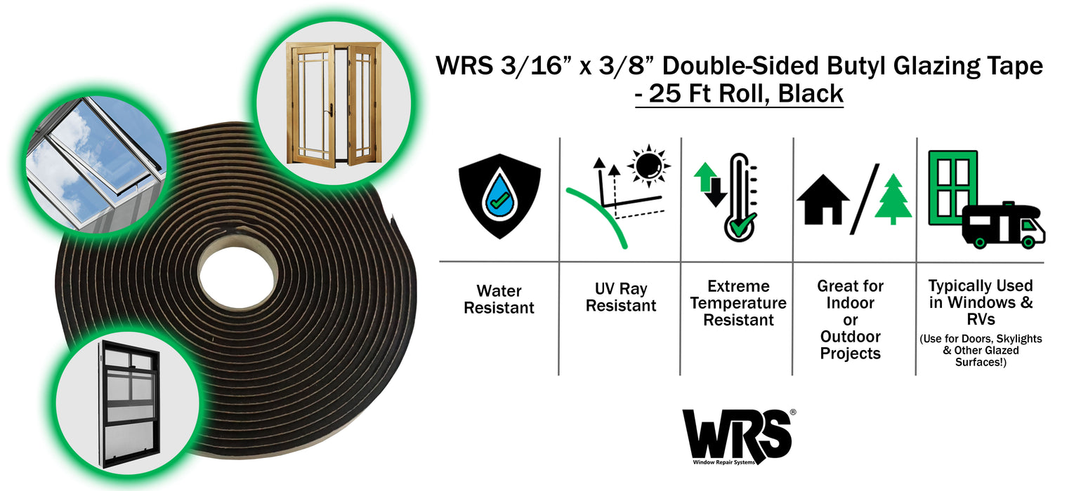 WRS 3/16" x 3/8" Double-Sided Butyl Glazing Tape  -  25 Ft Roll, Black