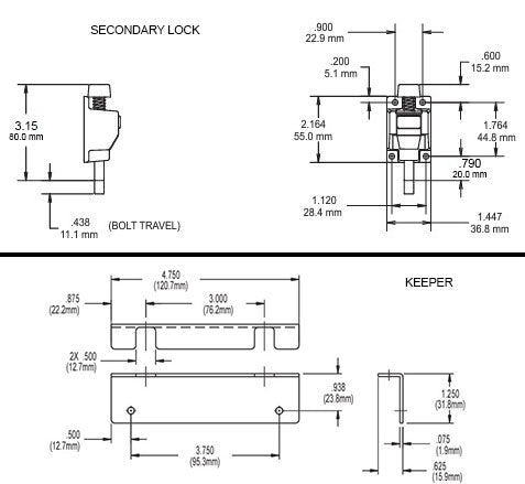 WRS Truth Non-Winged Secondary Patio Door Lock with Extended Bolt & Keeper - Bronze