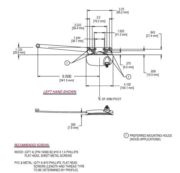 WRS Truth Left Hand Ellipse 9-1/2" Single Arm Operator  -  Gold