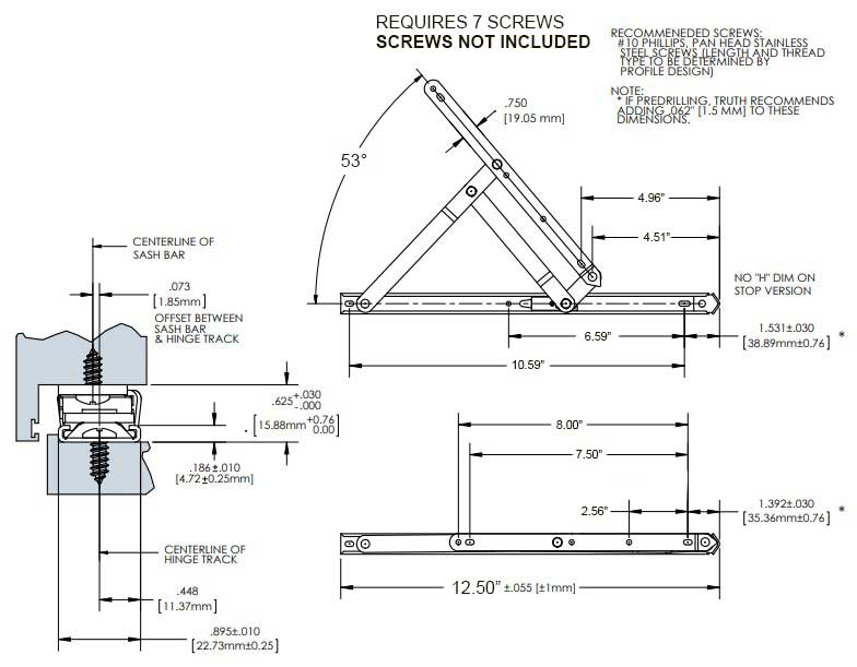 WRS Truth Hardware 12" Stainless Steel Heavy Duty 4 Bar Hinge with Stop
