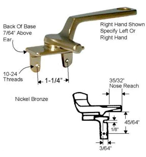 WRS Kawneer Left or Right Hand Angle Base Cam Handle with Pole Hole - Nickel Bronze