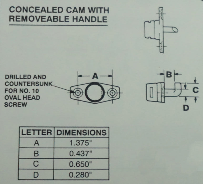 WRS White Bronze Concealed Cam Handle/Custodial Lock - 7/16"