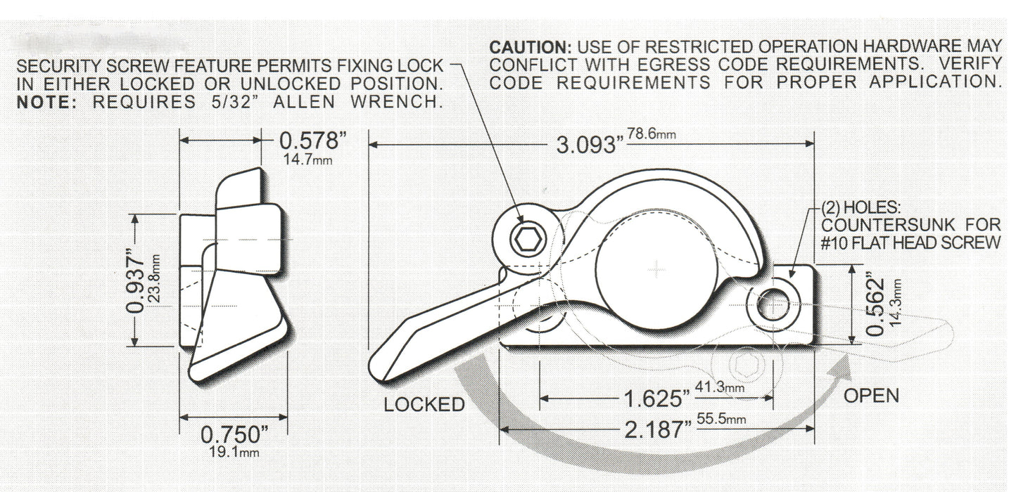 079-07 079-07 WRS Left Hand White Bronze Security Sweep Lock Diagram
