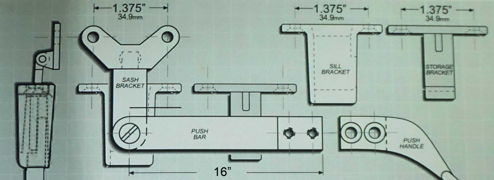 WRS 16" Under Screen Push Bar, Left or Right Hand - White Bronze