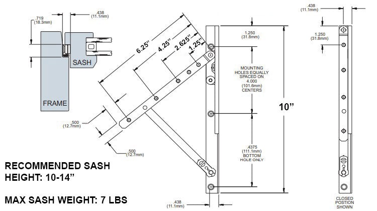 WRS Truth Hardware Left or Right Hand Concealed Awning Hinge - 10" Stainless Steel