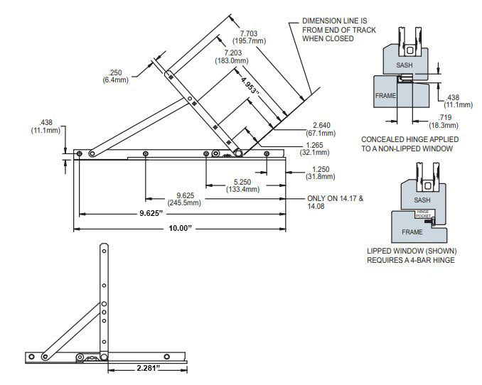 WRS Truth Hardware 10" Concealed Casement Hinge, Stainless Steel - Egress Upper Left or Lower Left