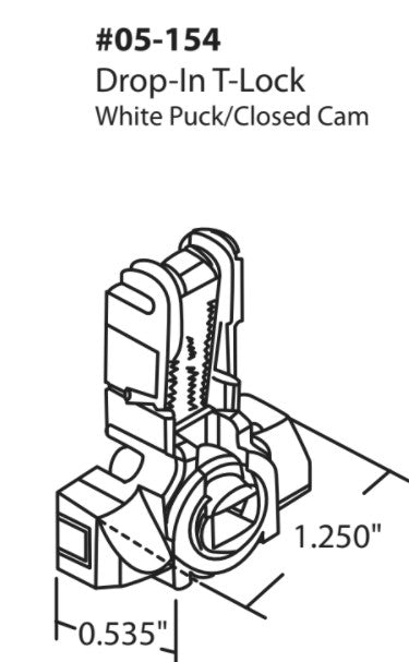 05-154 WRS 1-1/4" Series 747 Inverted Tilt Balance, Drop-In T-Lock, White Puck, Closed Cam Diagram