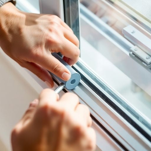 Person replacing rollers on aluminum sliding glass door.