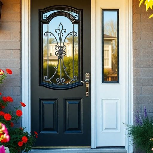 Elegant storm door with flowers and greenery around it.