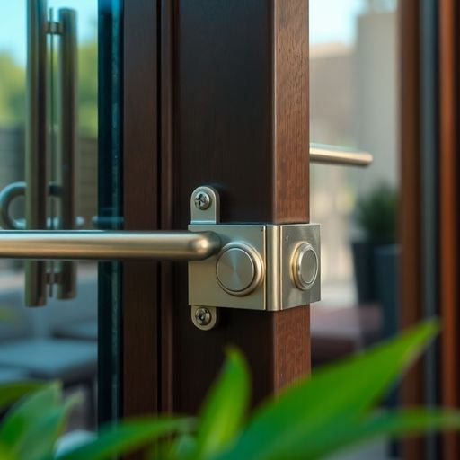 Securely locked patio door in a lush garden setting.
