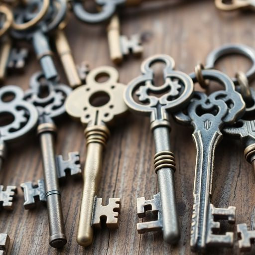 Antique skeleton keys on rustic wooden surface.