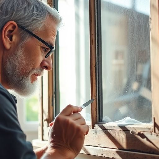Close-up of a person reglazing a window frame.