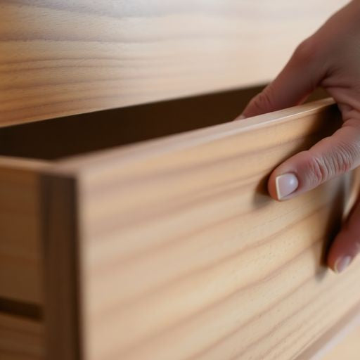Person removing a drawer from a dresser carefully.