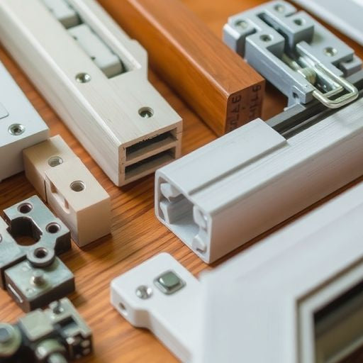 Close-up of window parts on a wooden surface.