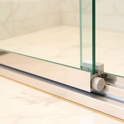 Sliding shower door with a visible bottom guide system.