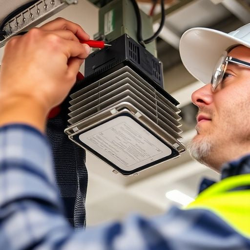 Technician replacing ballast in a lighting fixture.