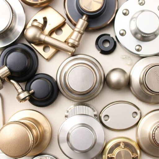 Close-up of various door handle parts and components.
