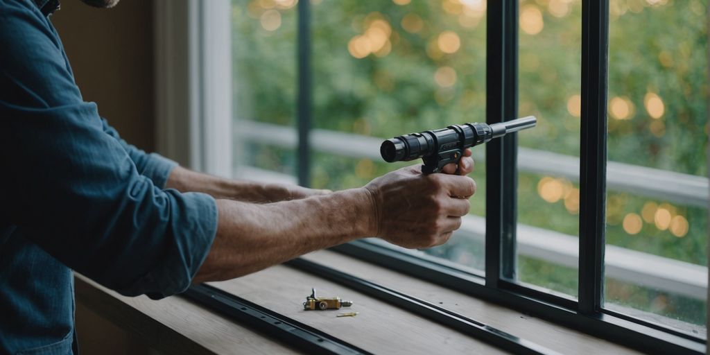 Person repairing sliding glass door track with tools.