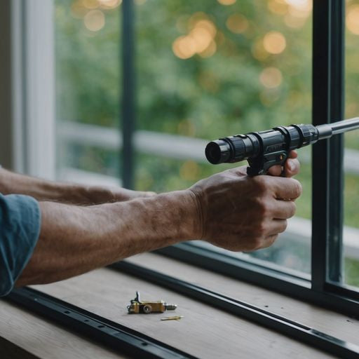 Person repairing sliding glass door track with tools.
