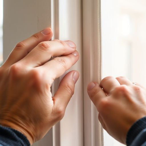 Hands installing weather stripping on a door.