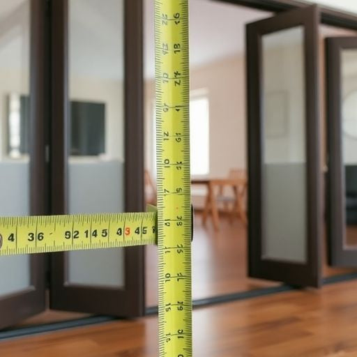 Measuring a bi-fold door with a tape measure.