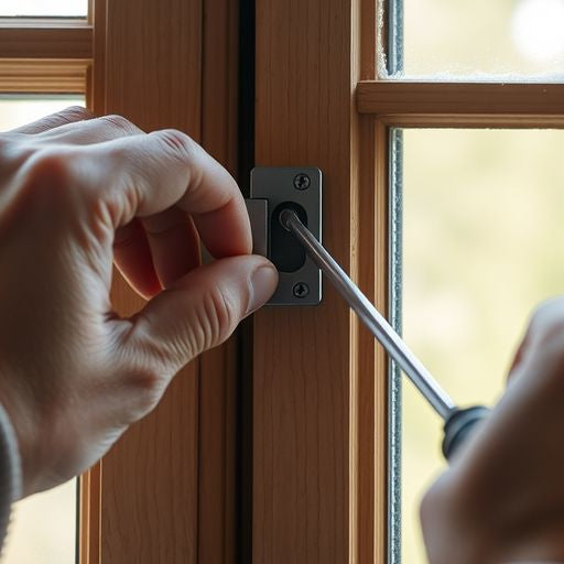 Hands installing window latch on wooden frame