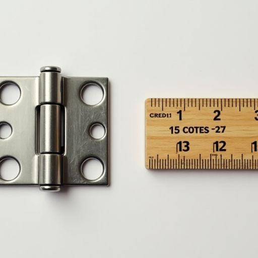 Close-up of a hinge being measured with a ruler.