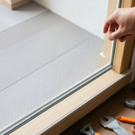 Person installing a screen door with tools and frame.