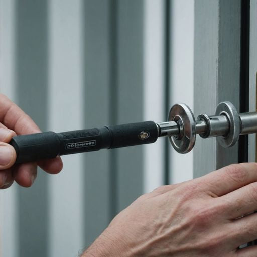 Person fixing sliding glass door lock with screwdriver
