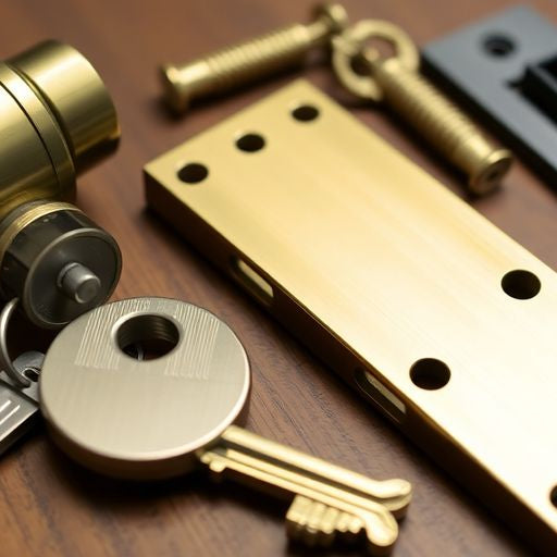 Close-up of mortise lock parts on wooden surface.