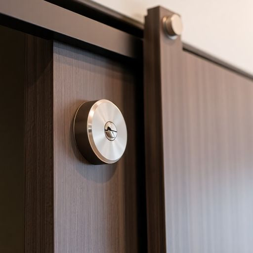 Locked sliding closet door with a modern lock mechanism.