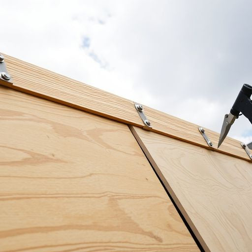 Plywood sheets installed over residential windows for protection.