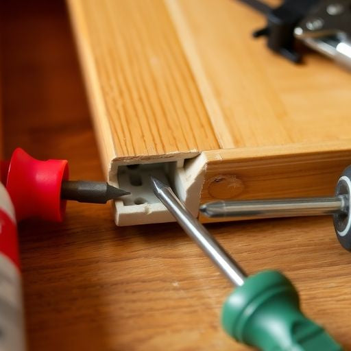 Close-up of a broken drawer slide with tools.